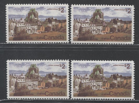 Lot 13 Canada #601 $2 Multicolored Quebec, 1972 Landscape Definitives, 4 VFNH Plate 1 Singles On 4 Different LF Flecked Papers, Perf 11