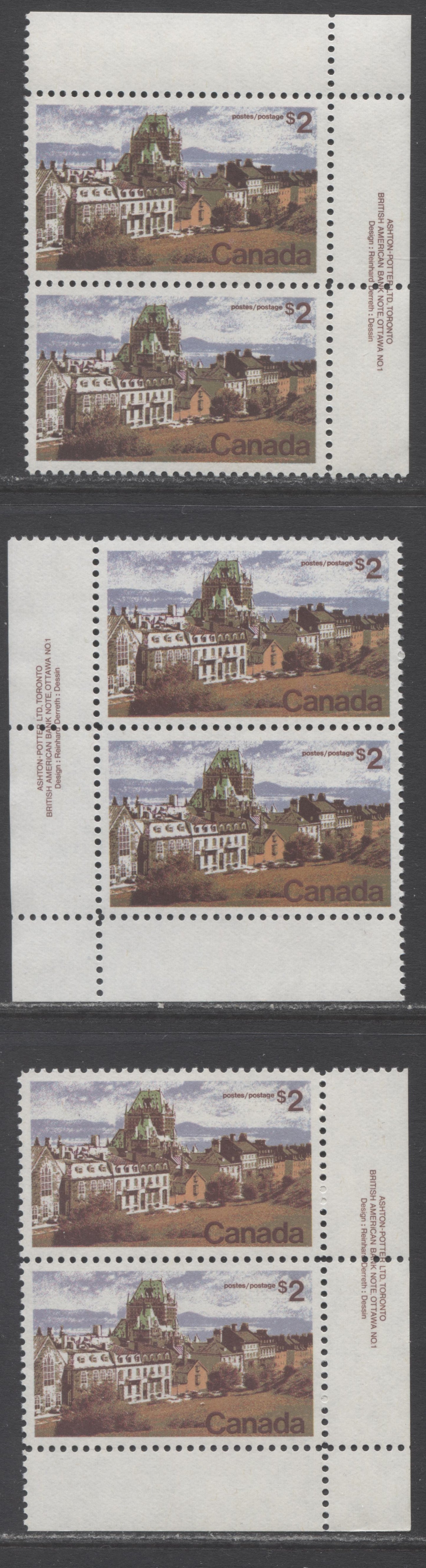 Lot 49 Canada #601 $2 Multicolored Quebec, 1972 Landscape Definitives, 3 VFNH Plate Pairs On LF Flecked Papers, Perf 11