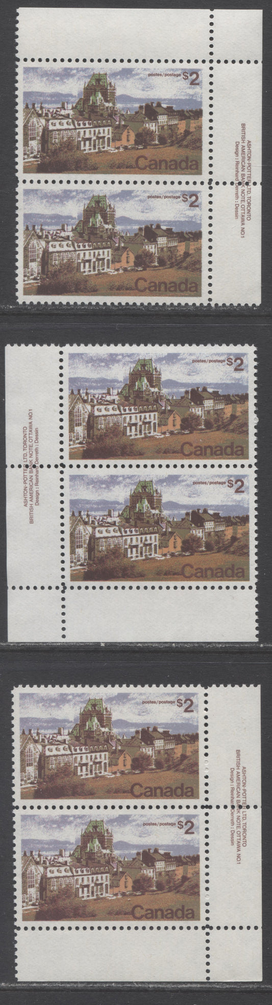 Lot 49 Canada #601 $2 Multicolored Quebec, 1972 Landscape Definitives, 3 VFNH Plate Pairs On LF Flecked Papers, Perf 11
