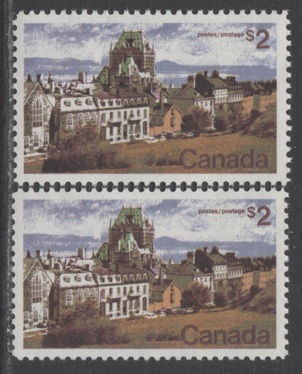 Canada #601 $2 Multicolored Quebec, 1972 Landscape Definitives, 2 VFNH Plate 2 Singles On Two Different LF Flecked Papers, Perf 11