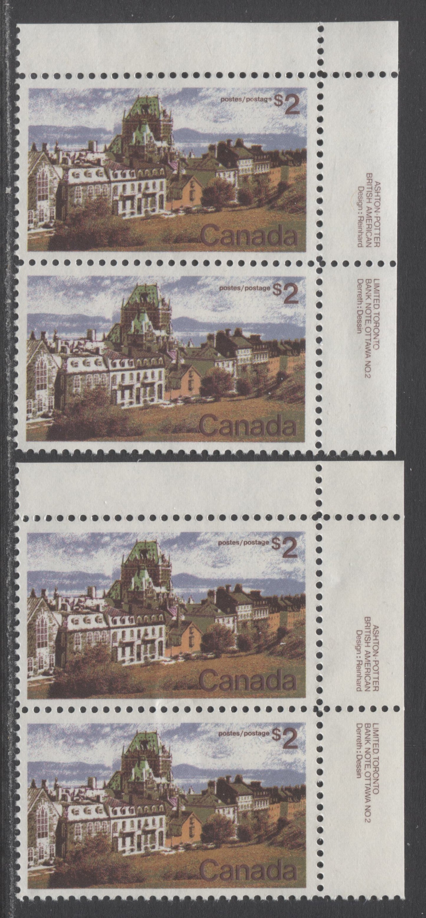 Lot 50 Canada #601 $2 Multicolored Quebec, 1972 Landscape Definitives, 2 VFNH Plate 2 Inscription Pairs On 2 Different LF Flecked Papers, Perf 11