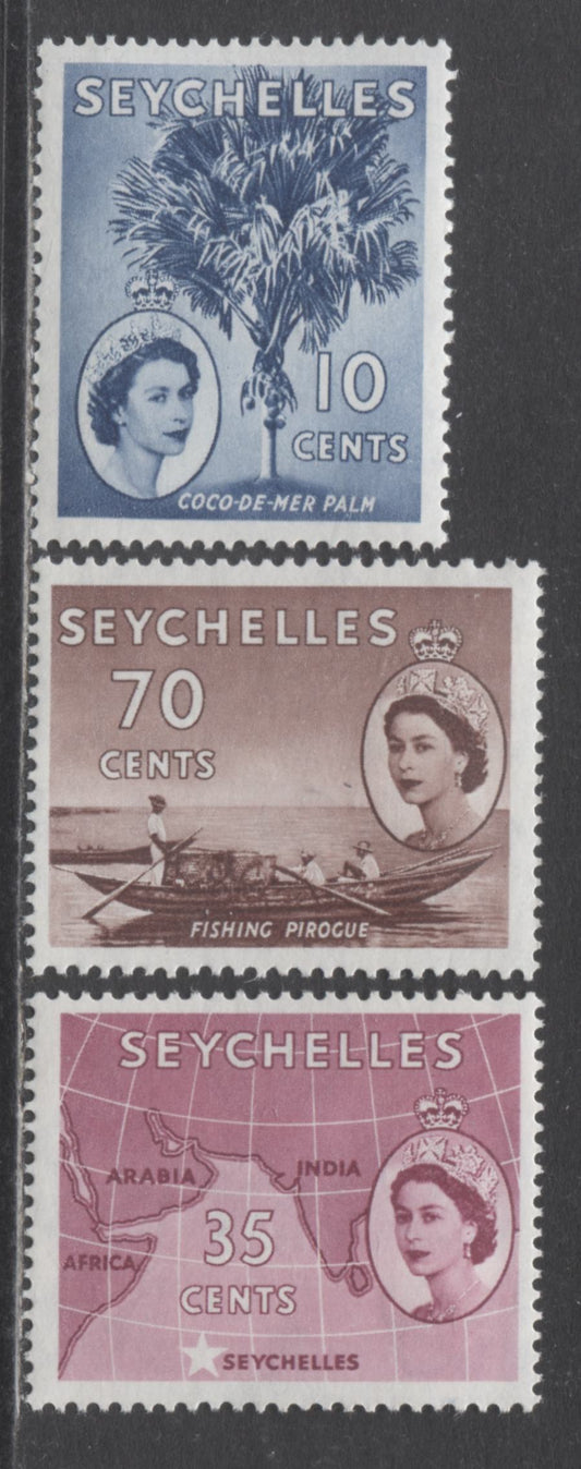 Seychelles SC#176-185 1956 Queen Elizabeth II Pictorial Issue,With Additional Values, 3 F/VFNH Singles, Click on Listing to See ALL Pictures, 2022 Scott Classic Cat. $14.7 USD