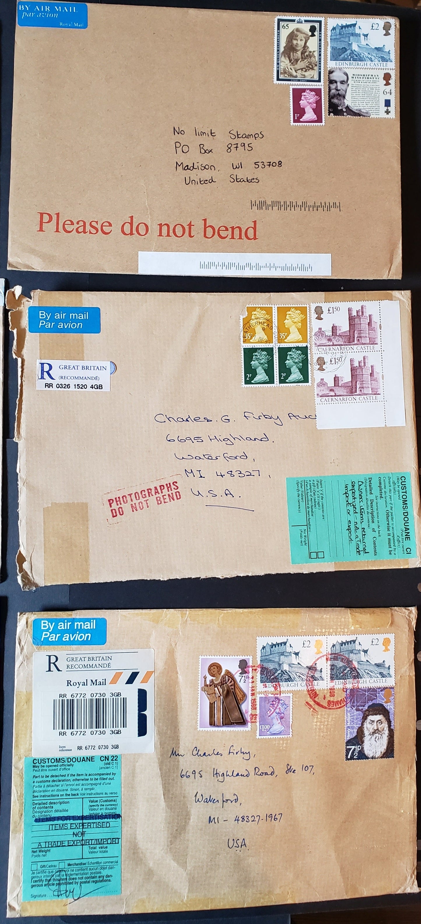 Lot 68A Great Britain 1988-1997 Castle Definitives, 8 VF Registered & Express Airmail Covers, Three Printings, All To The USA, With A Variety Of Machin, & Commemorative Issues, Click on Listing to See ALL Pictures, Estimated Value $25 USD