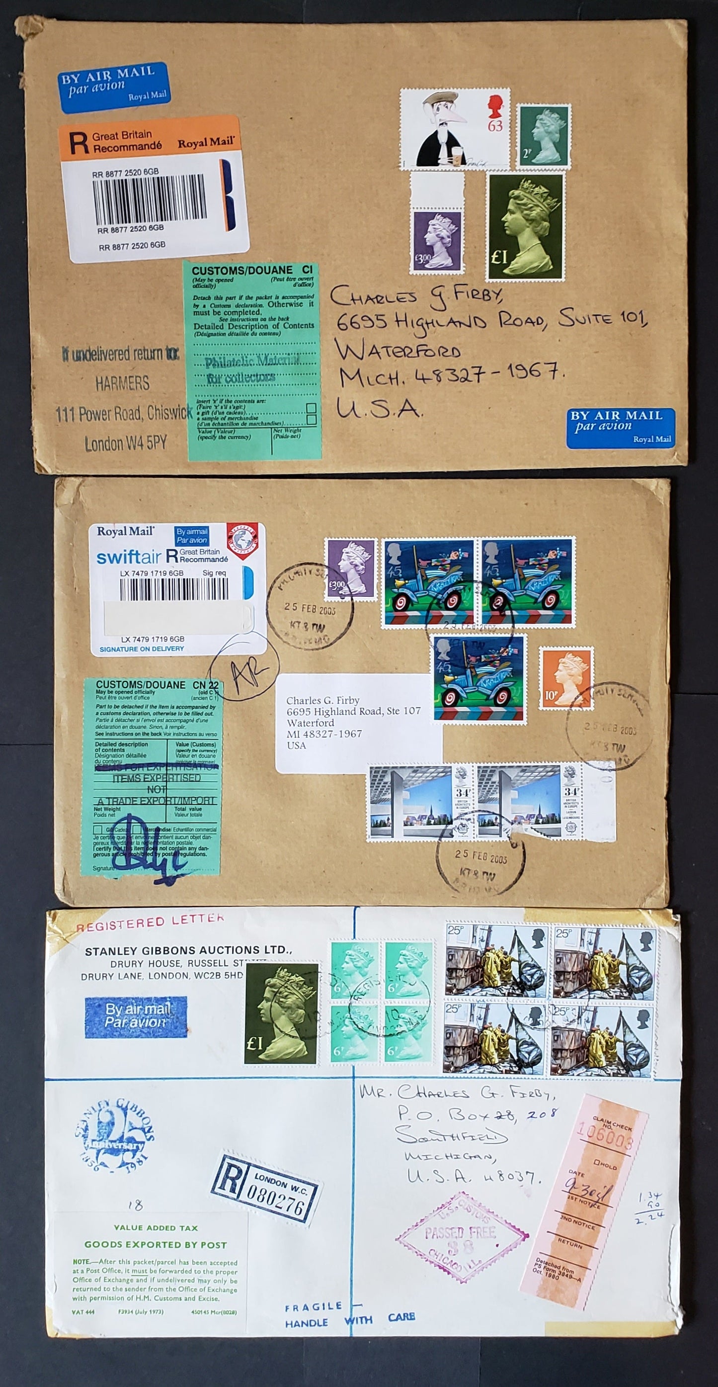 Lot 69 Great Britain 1988-1997 Castle Definitives, 7 VF Catalogue Sized Covers, To The USA, All Franked With Better Commemoratives, High Value Machins Or Both, Click on Listing to See ALL Pictures, Estimated Value $50 USD