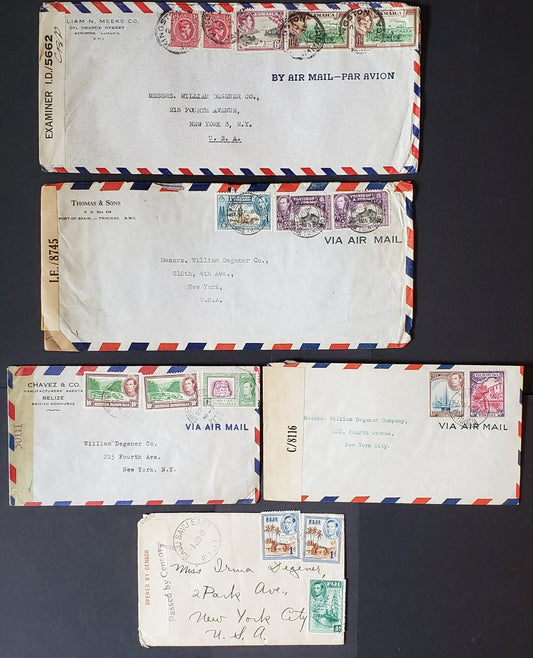 Bermuda, British Honduras, Fiji, Jamaica & Trinidad & Tobago 1939-1945 KGVI Issues, 5 F/VF Censored Mail Covers, With A Variety Of Frankings, All With Censor Tape, Click on Listing to See ALL Pictures, Estimated Value $20 USD