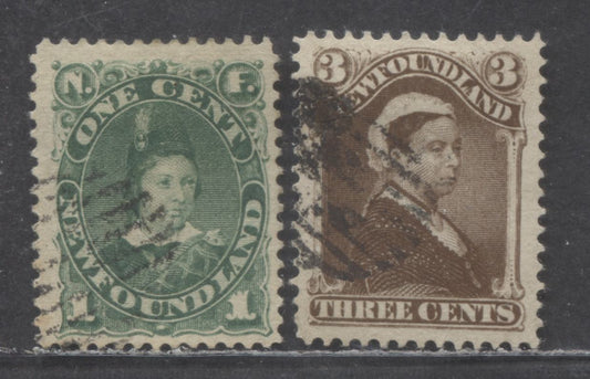 Lot 81 Newfoundland #44, 51 1c & 3c Deep Green & Umber Brown Queen Victoria, 1880-1896 Fourth Cents Issue, 2 Fine/Very Fine Used Singles