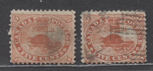Lot 85 Canada #15 5c Vermillion Beaver, 1859-1864 First Cents Issue, 2 Very Good Used Singles With Two Shades, Both With Creases
