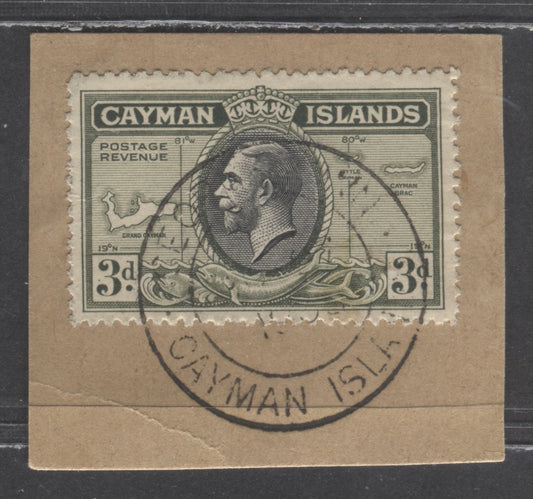 Lot 9 Cayman Islands SC#91 3d Olive Green & Black 1935-1936 Pictorial Definitives, CDS Used On Piece, A Very Fine Used Single, Click on Listing to See ALL Pictures, 2022 Scott Classic Cat. $3.75 USD