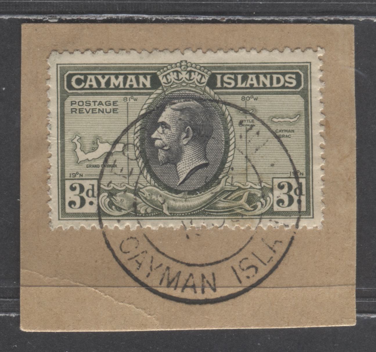 Lot 9 Cayman Islands SC#91 3d Olive Green & Black 1935-1936 Pictorial Definitives, CDS Used On Piece, A Very Fine Used Single, Click on Listing to See ALL Pictures, 2022 Scott Classic Cat. $3.75 USD