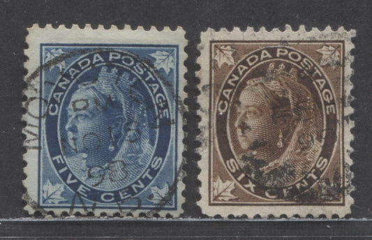 Lot 94 Canada #70, 71 5c or 6c Dark Blue & Brown Queen Victoria, 1897-1898 Maple Leaf Issue, 2 Fine/Very Fine Used Singles On Horizontal & Vertical Wove Paper
