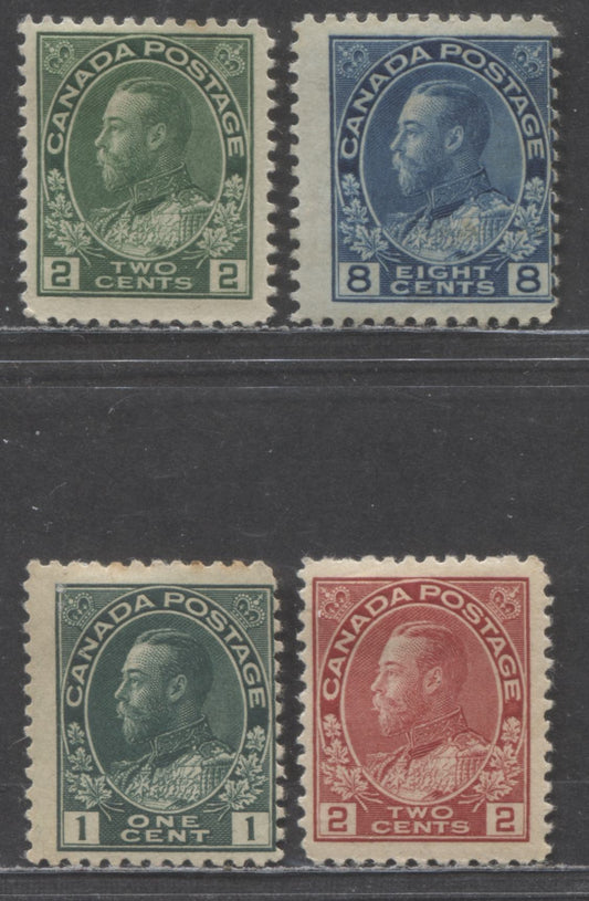 Lot 97 Canada #104c, 106, 107ii, 115 1c/8c Dark Green/Blue King George V, 1911-1925 Admiral Issue, 4 VG/FOG Singles, 2c Green Is Wet Printing