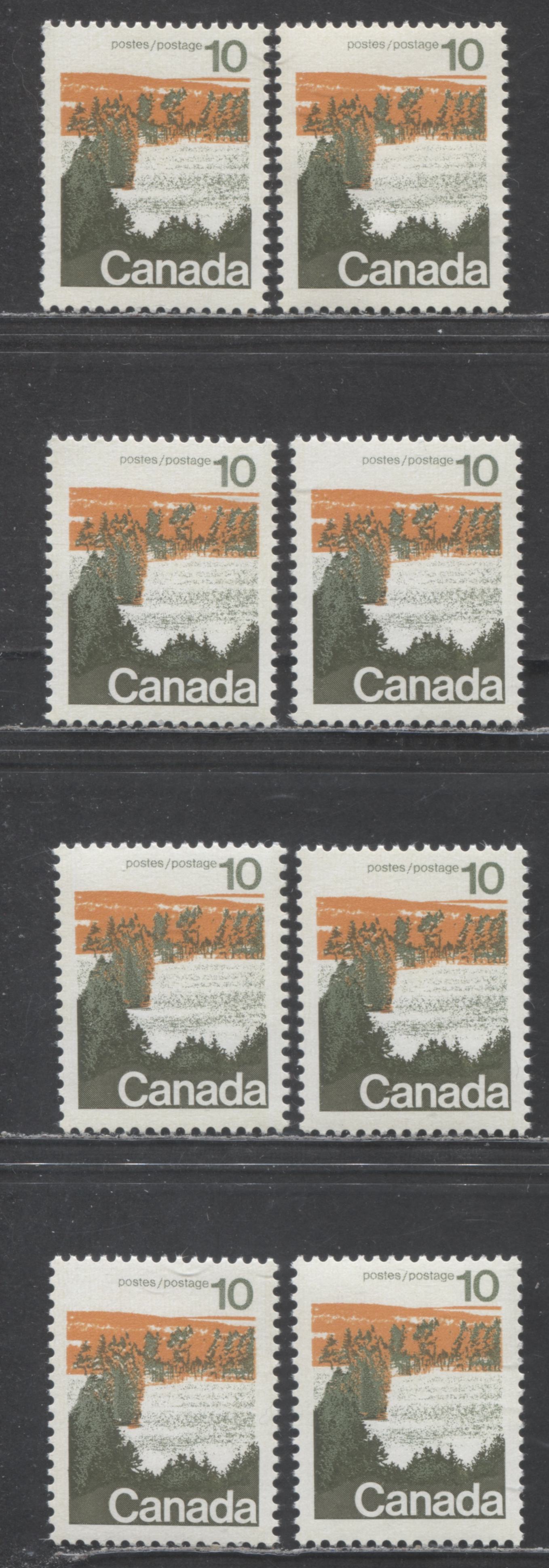 Lot 99 Canada #594 10c Multicolored Forest, 1972 Landscape Definitives, 8 VFNH and OG Singles With OP4 Tagging, Vertical Ribbed Surface Papers, Pale & Yellow Tags, Type 1 & Perf 12.5 x 12