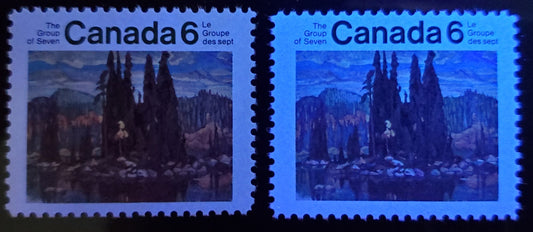 Canada #518var 6c Multicolored Isles Of Spruce, 1970 Group Of Seven Issue, 2 VFNH Singles On Toned HF9 Vertically Ribbed Paper