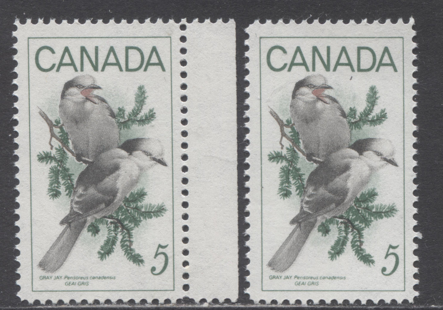 Lot 126 Canada #478 var 5c Green, Black & Red Gray Jays, 1968 Wildlife Issue, 2 VFNH Singles With Green Spot On Jay's Shoulder & Brown Dot On Left Frameline. Tertiary Varieties, Perf 11.9 x 11.95 On  NF-fl Greyish White W/ Few HF/HB Fibres