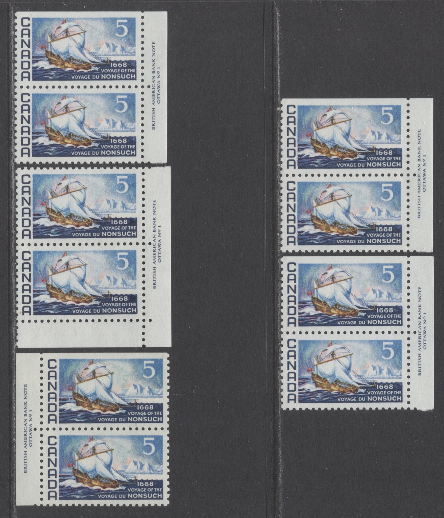 Canada #482var 5c Dark Blue & Multicolored Nonsuch, 1968 Voyage Of The Nonsuch, 5 VFNH Plate Inscription Pairs On NF, DF & Non Flecked Papers
