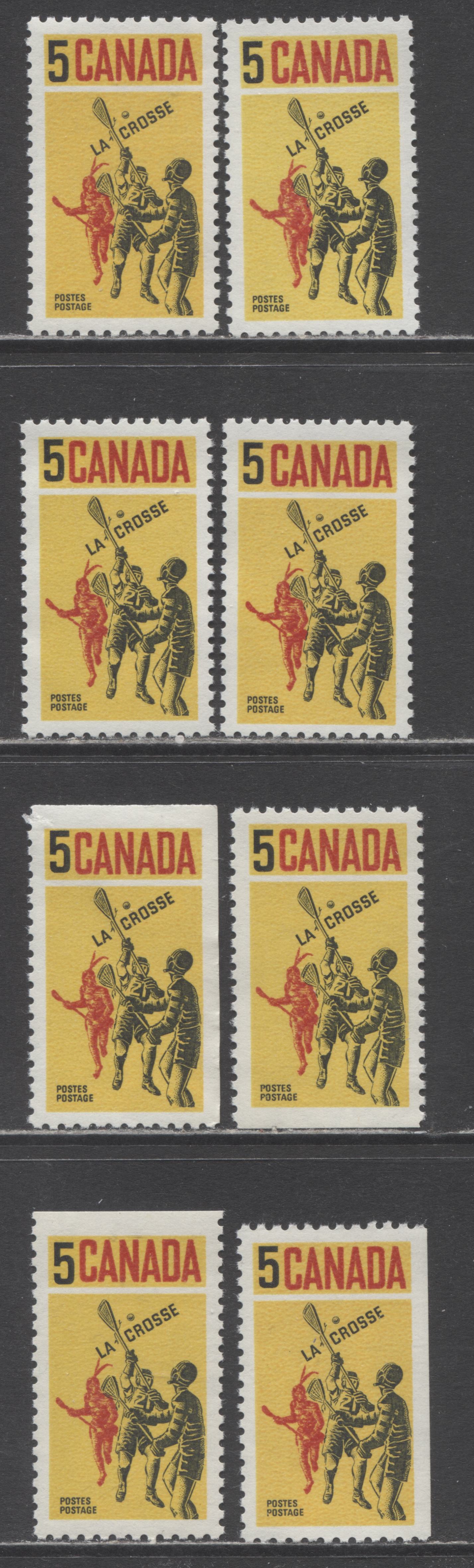 Lot 3 Canada #483&var 5c Yellow, Black and Red Lacrosse Players, 1968 Lacrosse Issue, Specialized Group of 8 VFNH Singles on Different NF, NF-fl, DF and DF-fl Papers, With Normal "5", Raised "5" and Dropped "5" Varieties