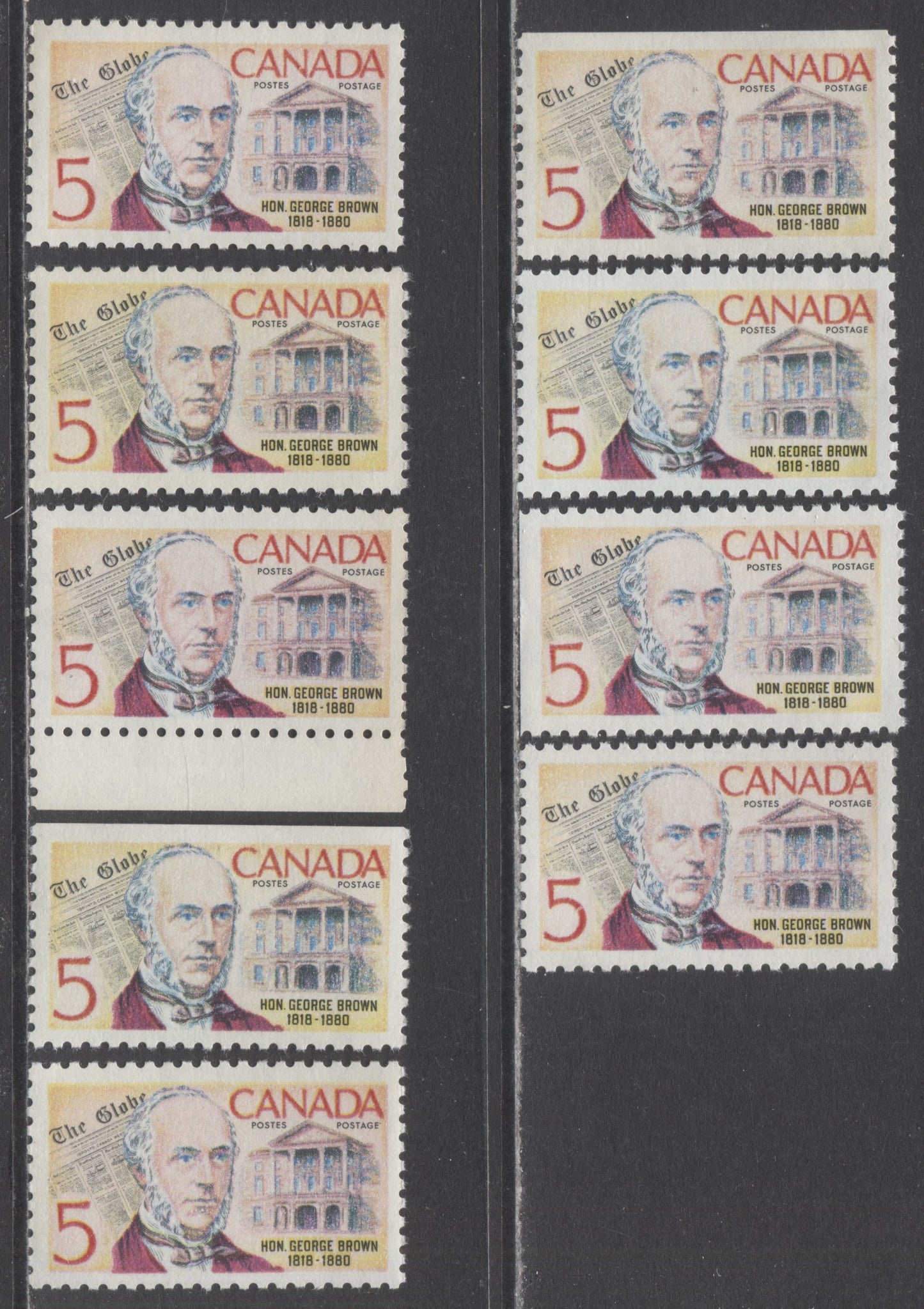 Canada #484 5c Multicolored George Brown, 1968 George Brown Issue, 9 VFNH Singles With DF-fl, NF-fl & DF Papers With Different Backgrounds