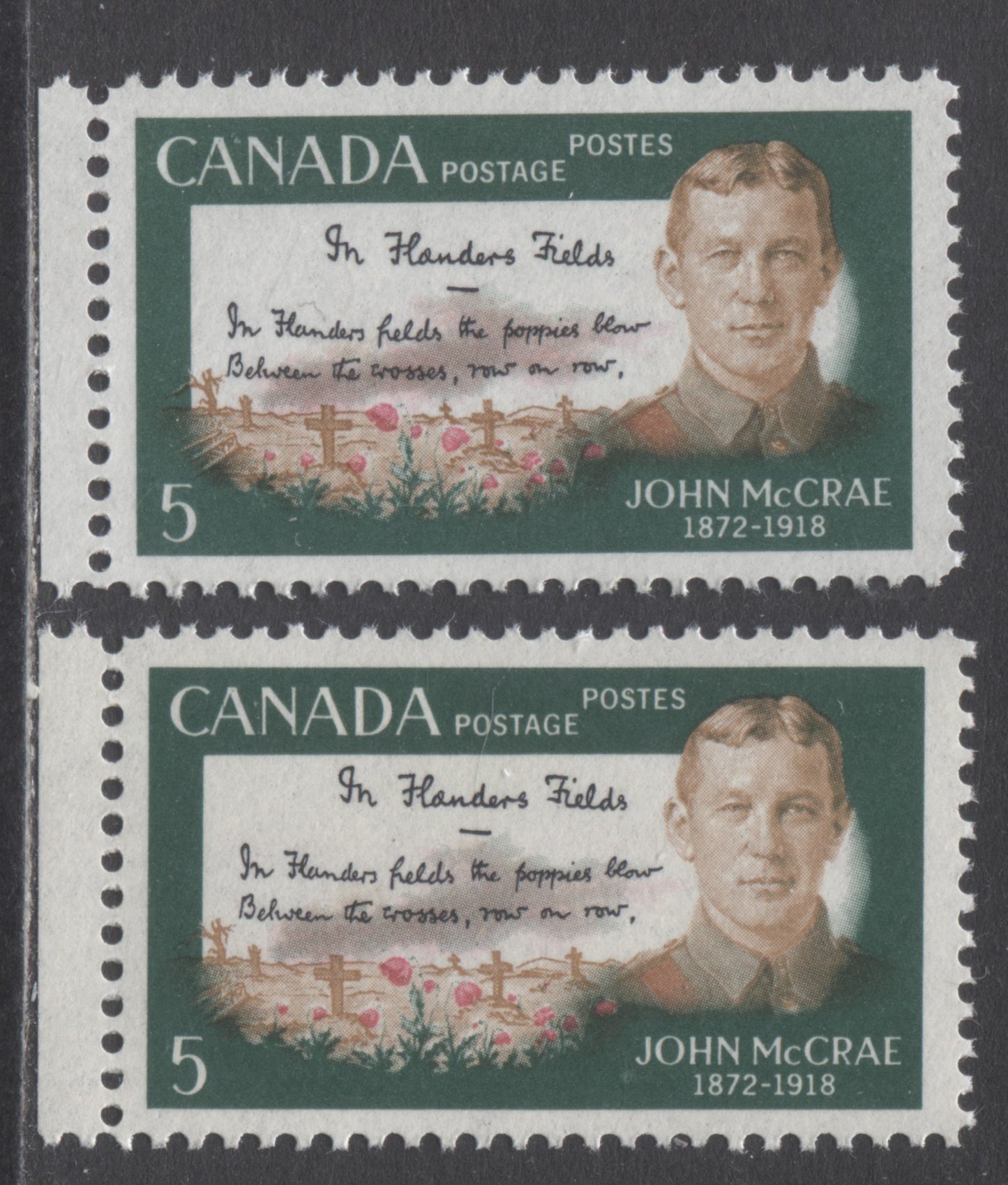 Canada #487i 5c Multicolored John McCrae & Poem, 1968 John McCrae Issue, 2 VFNH Singles On HB & HF Papers, Perf 11.9, Smooth Dex Gum, Stroke In A Of Canada & Dot At Top Of A
