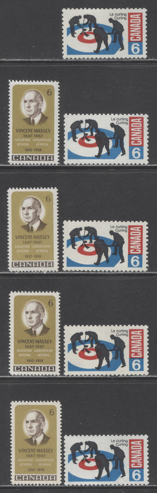 Canada #490,I,491 6c Black, Bright Blue and Carmine & Yellow Olive and Dark Brown Curlers On Rink & Vincent Massey, 1969 Curlers & Vincent Massey Issues, 9 VFNH Singles With Different Types Of DF, DF-fl, HF & HB Papers