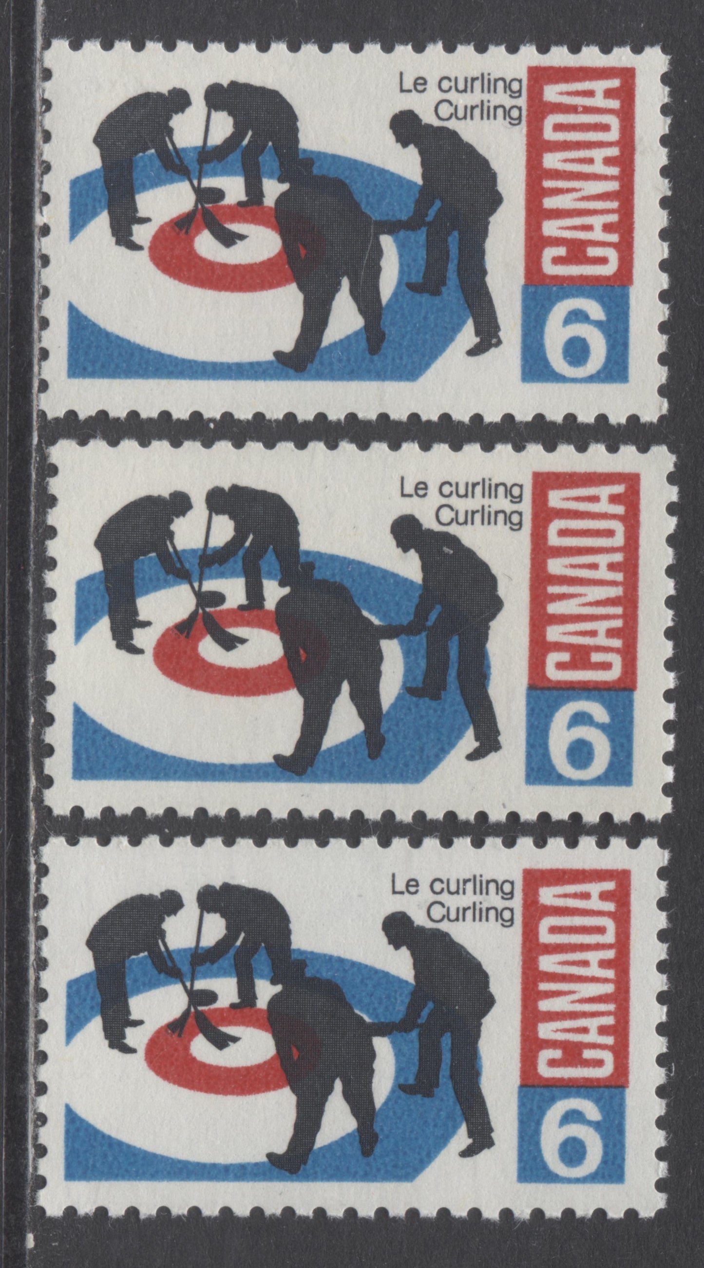 Canada #490-I,var 6c Black, Bright Blue and Carmine Curlers On Rink, 1969 Curlers, 3 VFNH Singles On LF-fl Bluish White, DF Yellowish Gray & DF Grayish White Papers, Lopsided Label Variety