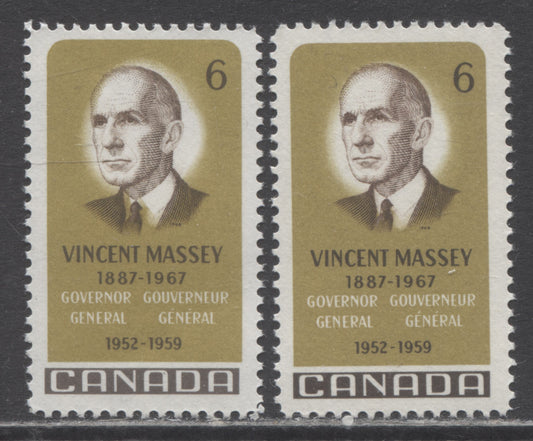 Canada #491 var 6c Yellow Olive & Dark Brown Vincent Massey, 1969 Vincent Massey Issue, 2 VFNH Singles With Significant Leftward Shift Of Head. HB Paper With Normal