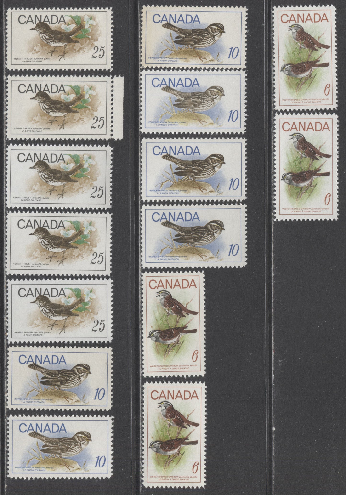 Canada #496 - 498 6c-25c Multicoloured - Black & Multicoloured White Throated Sparrow - Hermit Thrush, 1969 Birds Issue, 15 VFNH Singles On Various HB & HF Papers, Light And Dark Shades