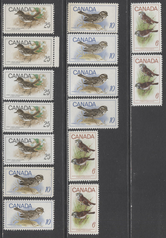 Canada #496 - 498 6c-25c Multicoloured - Black & Multicoloured White Throated Sparrow - Hermit Thrush, 1969 Birds Issue, 15 VFNH Singles On Various HB & HF Papers, Light And Dark Shades