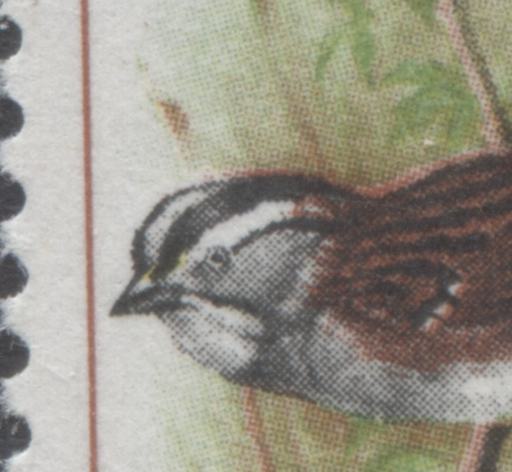 Canada #496 var 6c Multicolured White Throated Sparrow, 1969 Birds Issue, 2 VFNH SIngles With Yellow Almost Completely Missing & Branches Rightward, With Normal For Comparison