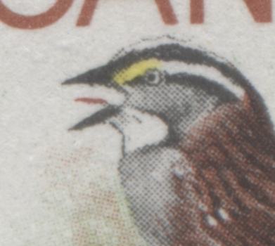 Canada #496 var 6c Multicolured White Throated Sparrow, 1969 Birds Issue, 2 VFNH SIngles With Yellow Almost Completely Missing & Branches Rightward, With Normal For Comparison