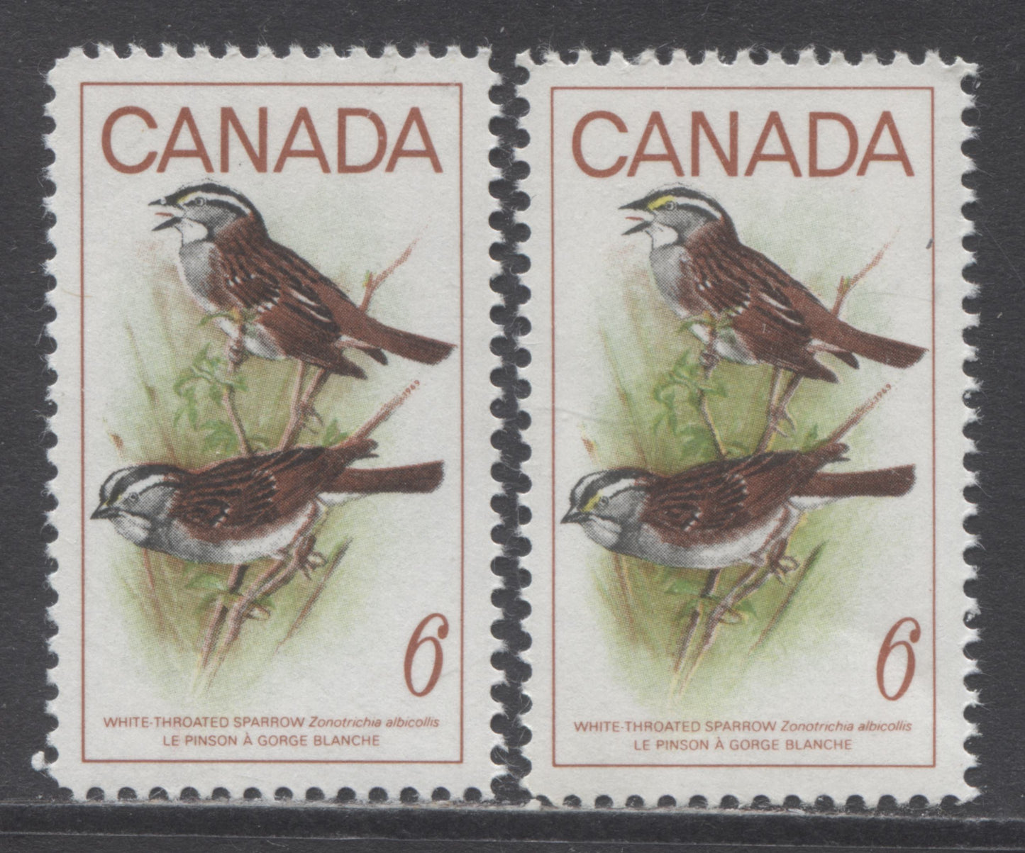Canada #496 var 6c Multicolured White Throated Sparrow, 1969 Birds Issue, 2 VFNH SIngles With Yellow Almost Completely Missing & Branches Rightward, With Normal For Comparison