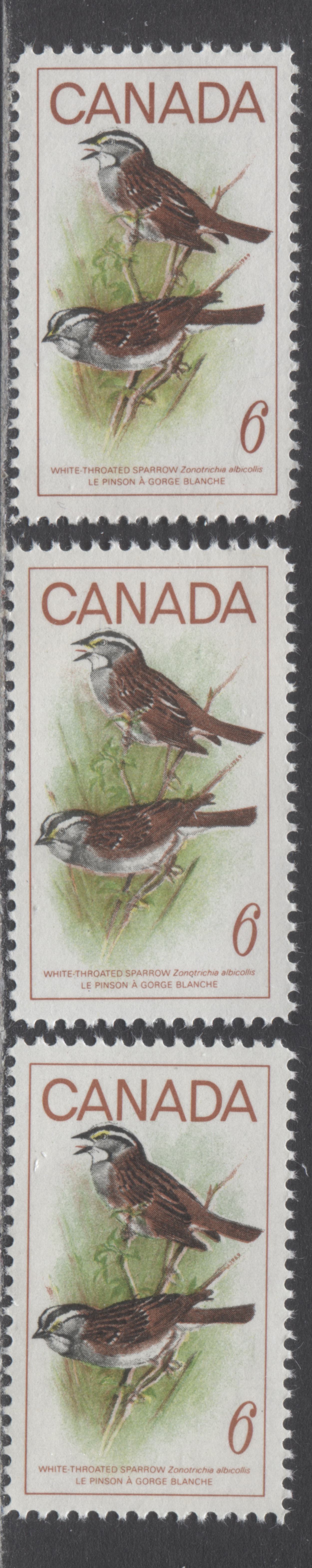 Canada #496 var 6c Multicolured White Throated Sparrow, 1969 Birds Issue, 3 VFNH Singles With Colour Shifts Of Birds & Branches On HB Paper,  Fluorescence Level 11