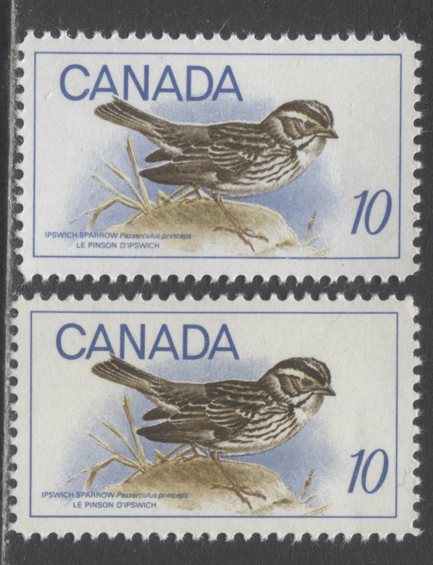 Canada #497 var 10c Ultramarine & Multicolured Ipswich Sparrow, 1969 Birds Issue, 2 VFNH Singles With White Outlined Sparrow Due To Slight Downward Shift Of Sparrow On HB & HF Papers