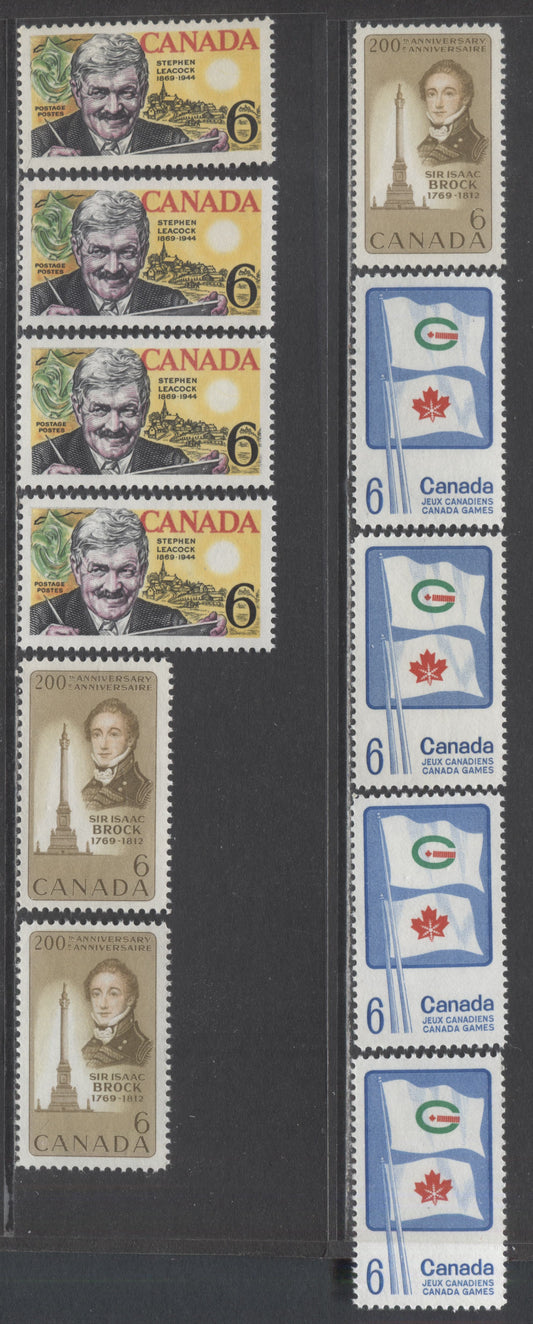 Canada #500-501, 504 6c 1969 Canada Games, Sir Isaac Brock And Stephen Leacock Issues, 11 VFNH Singles With Unlisted LF Papers On 501,504 And Other Variations Of HB, HF, DF And DF-fl