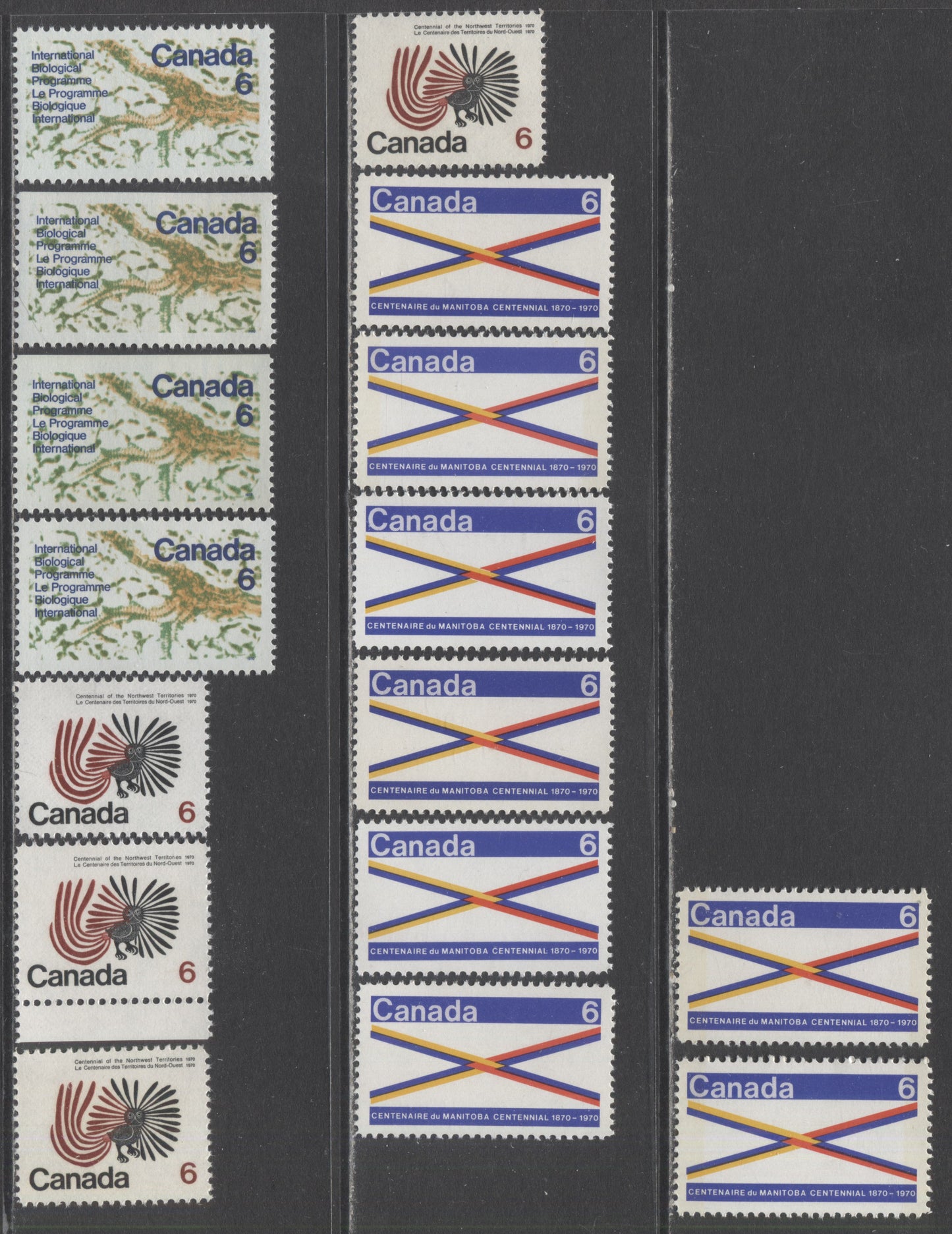 Canada #505-505p, 506-507 6c 1970 Manitoba Centennial, Northwest Territories Centennial And United Nations Biological Programme Issues, 16 VFNH Singles On A Variety Of Smooth And Ribbed Paper, Mostly Unlisted. With LF Backed 505 & Smooth 507