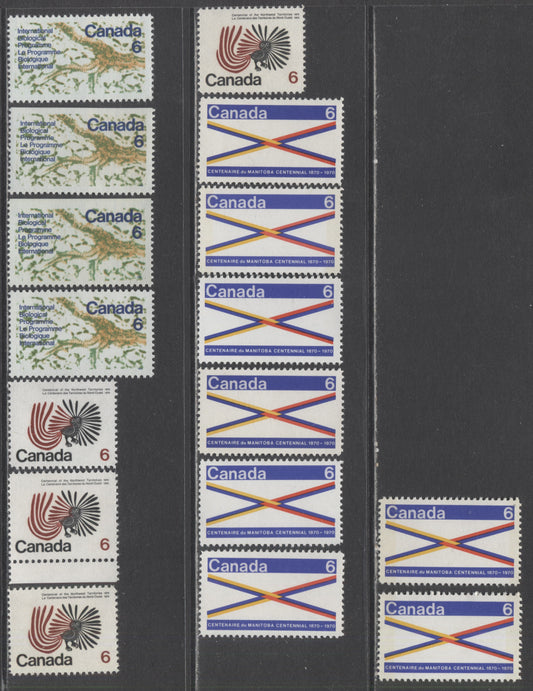 Canada #505-505p, 506-507 6c 1970 Manitoba Centennial, Northwest Territories Centennial And United Nations Biological Programme Issues, 16 VFNH Singles On A Variety Of Smooth And Ribbed Paper, Mostly Unlisted. With LF Backed 505 & Smooth 507