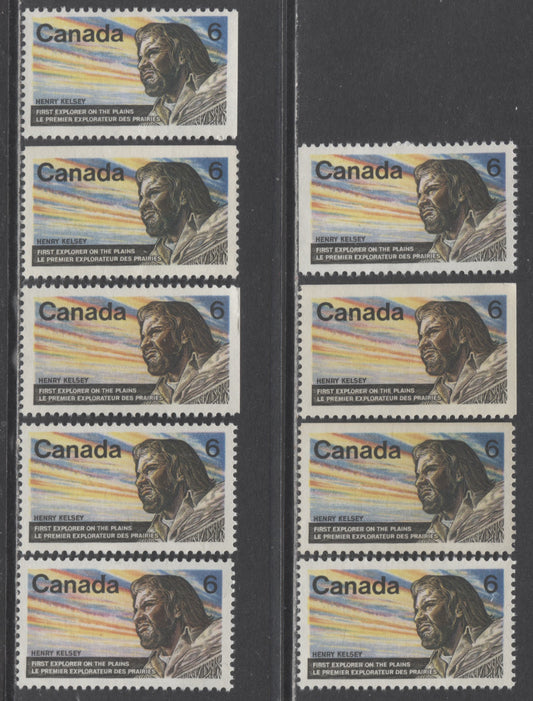 Canada #512 6c Multicolored Henry Kelsey, 1970 Henry Kelsey Issue, 9 F-VF NH Singles On Different Smooth & Horizontal Ribbed DF Papers, Normal Sky & Aurora Borealis