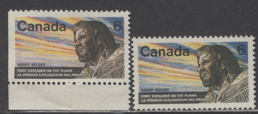 Canada #512 var 6c Multicolored Henry Kelsey, 1970 Henry Kelsey Issue, 2  Singles On DF Smooth Paper, Greyish White. Very Strong Auora Borealis With Normal For Comparison