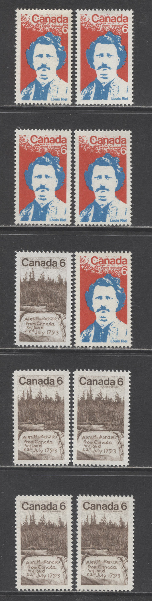 Canada #515-516 6c Red and Bright Blue & Brown Louis Riel & Carved Inscription, 1970 Louis Riel & Sir Alexander Mackenzie Issues, 10 VFNH Singles On Different Smooth & Vertcal Ribbed Papers