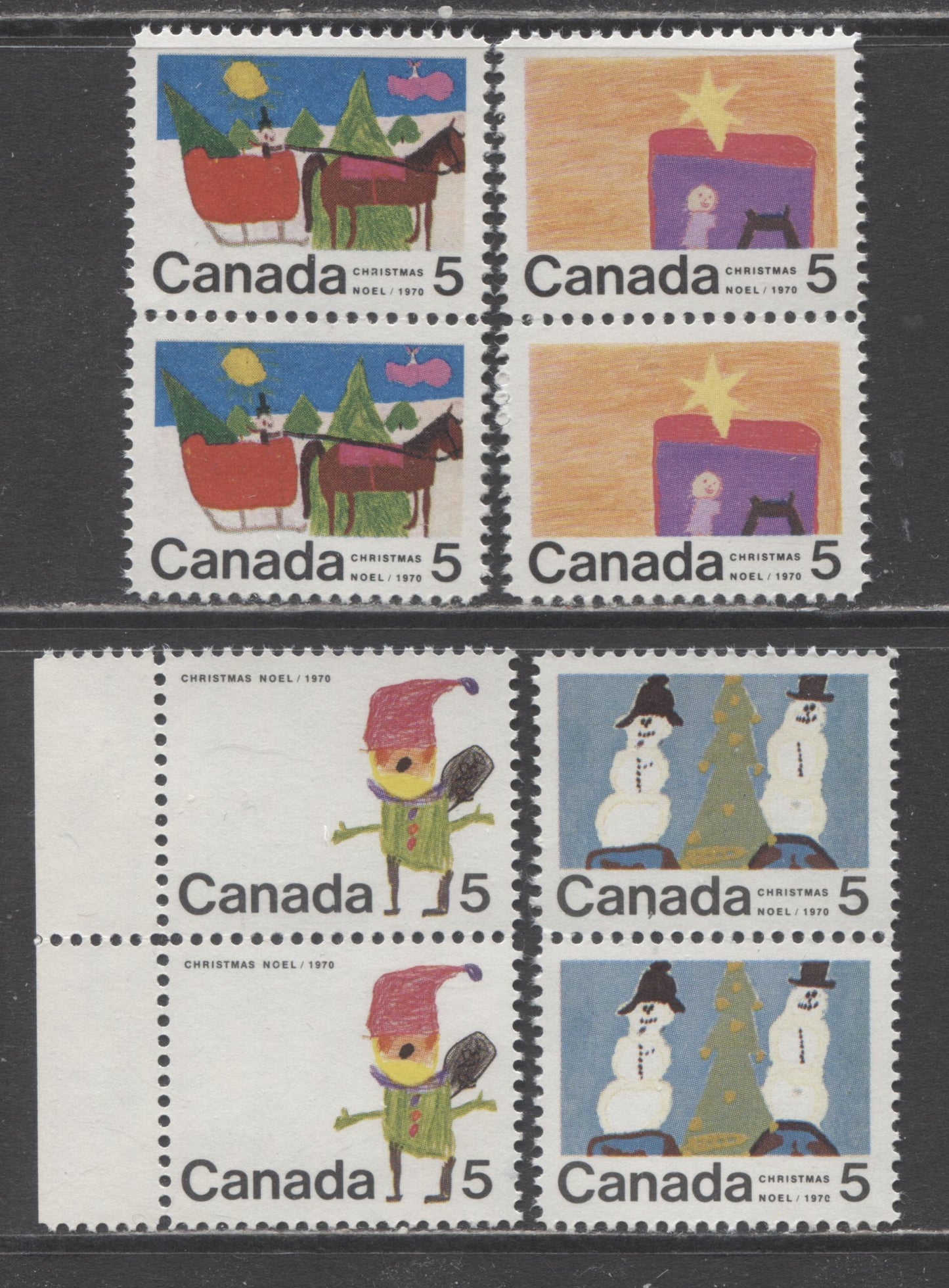 Lot 17 Canada #519-521, 523 5c Multicolored Santa Claus/Snowmen & Christmas Tree, 1970 Christmas Issue, 4 VFNH Vertical Pairs On HB11 Smooth Papers