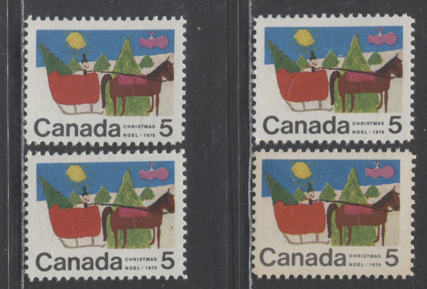 Lot 261 Canada #520var 5c Multicolored Horse Drawn Sleigh, 1970 Christmas Issue, 4 F/VFNH Singles On HB11 Vertical Ribbed Papers, Arc In Snow, Blue Dot In Front Of Horse, Pink Dot By Left Hoof Of Horse & Small Blue Ard Behind Sleigh