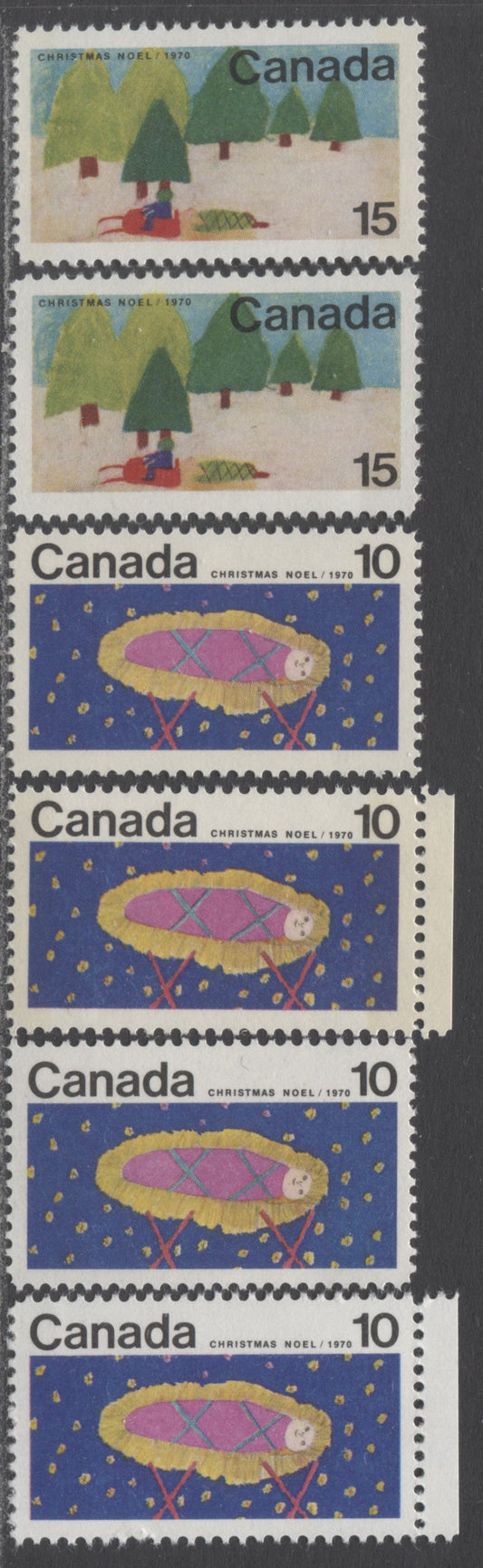 Canada #529-530p 10c-15c Multicolored Christ Child/Snowmobile And Trees, 1970 Christmas Issue, 6 VFNH W2B Tagged & Untagged Singles On Various HB10-12 Vertical Ribbed Papers