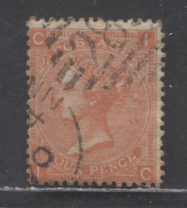 Lot 344 Great Britain SC#43var (SG#94wi) 4d Vermilion 1865 Large Uncoloured Corner Letters - Surface Printed Issue, Plate 11, Inverted Large Garter Wmk, A Fine Used Example, Click on Listing to See ALL Pictures, Estimated Value $45