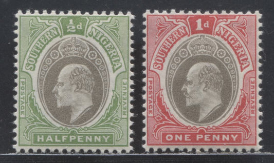 Lot 66A Southern Nigeria SC#21-22 1904-1909 King Edward VII Issue, 1/2d Yellow Green & 1d ACarmine Rose/Gray Duty Plate Colors, Multiple Crown CA Wmk, 2 VFNH Singles, Click on Listing to See ALL Pictures, Estimated Value $37 USD
