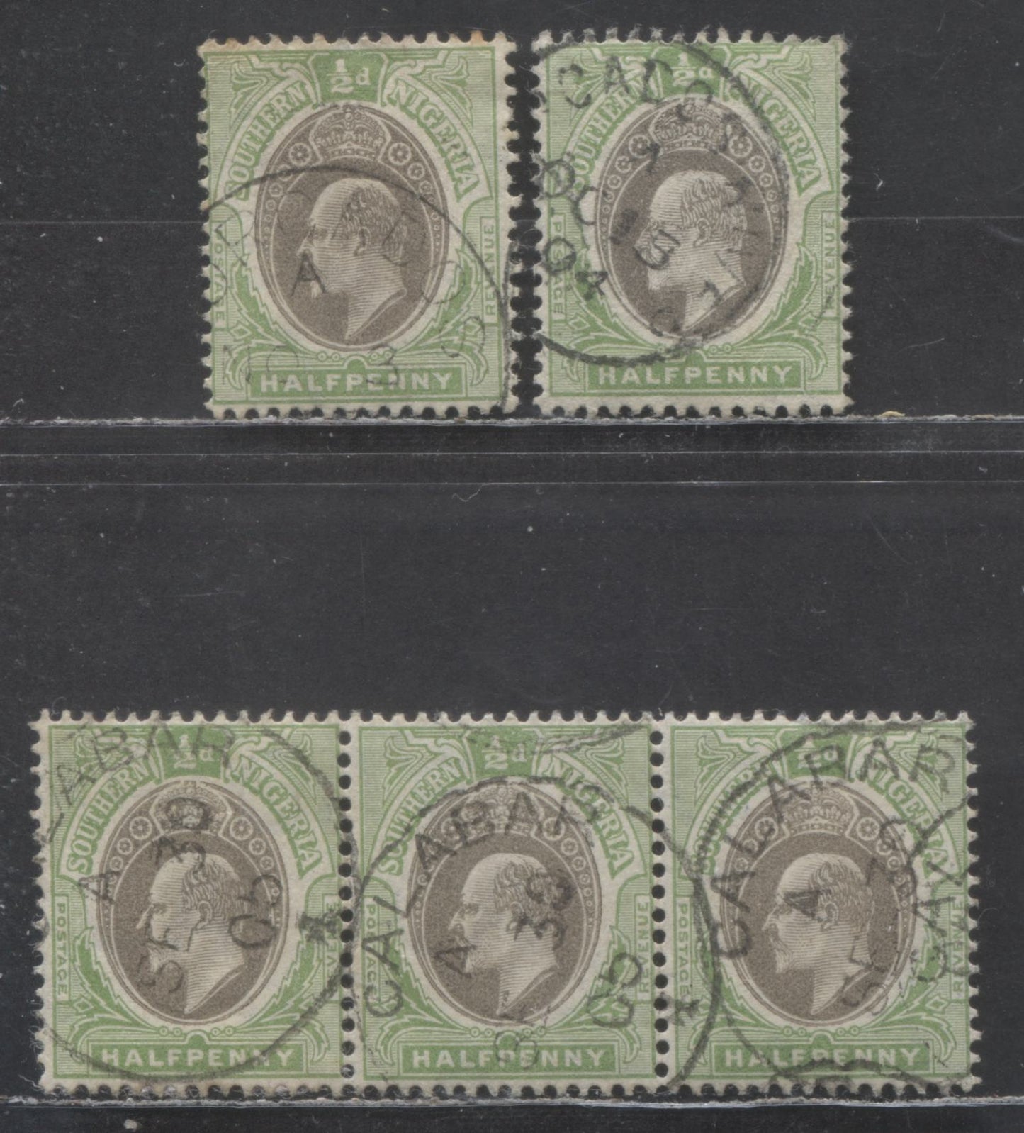 Lot 67 Southern Nigeria SC#21 1/2d Yellow Green/Gray 1904-1909 King Edward VII Issue, With Forcados & Old Calabar Cancels, Multiple Crown CA Wmk, 2 F/VF Used Single & Strip Of 3, 2022 Scott Classic Cat. $10 USD