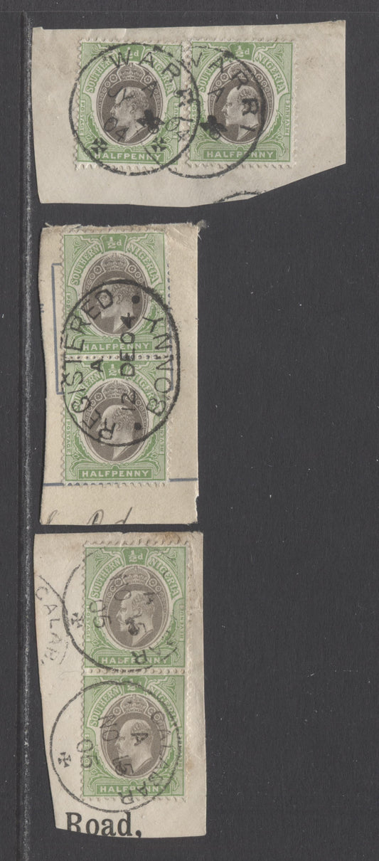 Lot 67A Southern Nigeria SC#21 1/2d Green & Gray/Gray Black 1904-1909 King Edward VII Issue, Bonny, Old Calabar & Warri Cancels, Multiple Crown CA Wmk, 3 F/VF Used Pairs, Click on Listing to See ALL Pictures, Estimated Value $5 USD