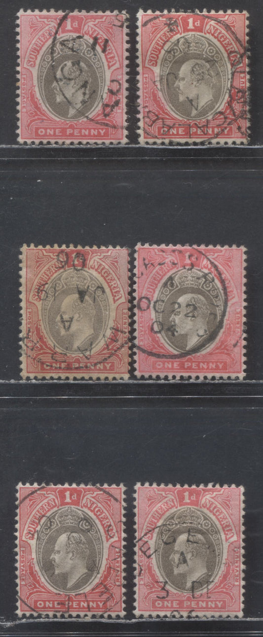 Lot 68 Southern Nigeria SC#22 1904-1909 King Edward VII Issue, 1d Carmine Rose/Carmine/Aniline Carmine & Gray, Multiple Crown CA Wmks With Better CDS Cancels, 6 F/VF Used Singles, Click on Listing to See ALL Pictures, Estimated Value $40 USD