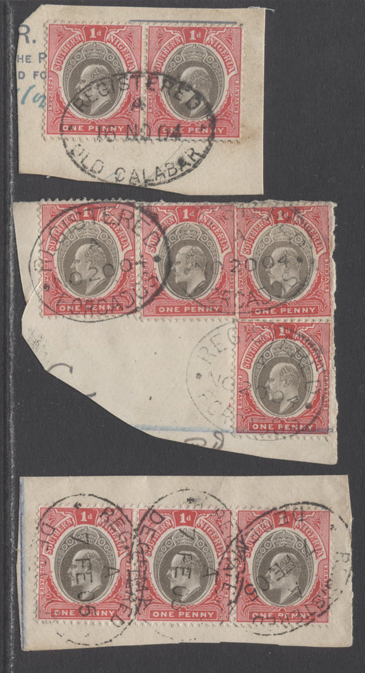 Lot 68A Southern Nigeria SC#22 1d Carmine Rose & Deep Gray/Gray 1904-1909 King Edward VII Issue, On Piece With Forcados, Degema & Old Calabar Registry Cancels, Multiple Crown CA Wmk, 3 Very Fine Used Pair, Strip Of 3 & Singles, Estimated Value $25 USD