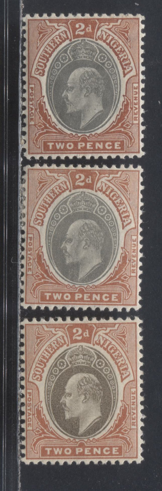 Lot 69 Southern Nigeria SC#23-23b 1904-1909 King Edward VII Issue, Multiple Crown CA Wmk, 3 VFOG Singles, Click on Listing to See ALL Pictures, 2022 Scott Classic Cat. $12 USD