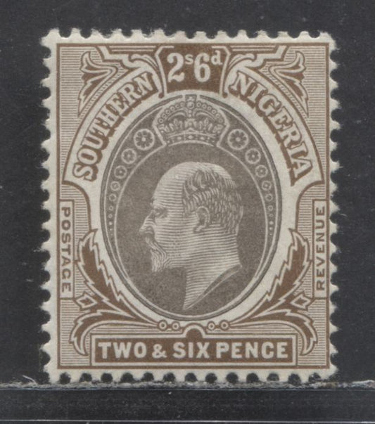 Lot 81 Southern Nigeria SC#28a 2/6d Brown/Gray On Chalky Paper 1904-1909 King Edward VII Issue, Multiple Crown CA Wmk, A VFOG Single, Click on Listing to See ALL Pictures, 2022 Scott Classic Cat. $55 USD