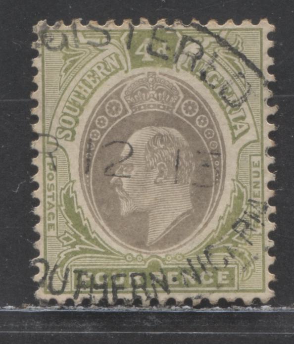 Lot 84 Southern Nigeria SC#25a 4d Sage Green/Gray On Chalky Paper 1904-1909 King Edward VII Issue, Multiple Crown CA Wmk, A Very Fine Used Single, Click on Listing to See ALL Pictures, 2022 Scott Classic Cat. $50 USD